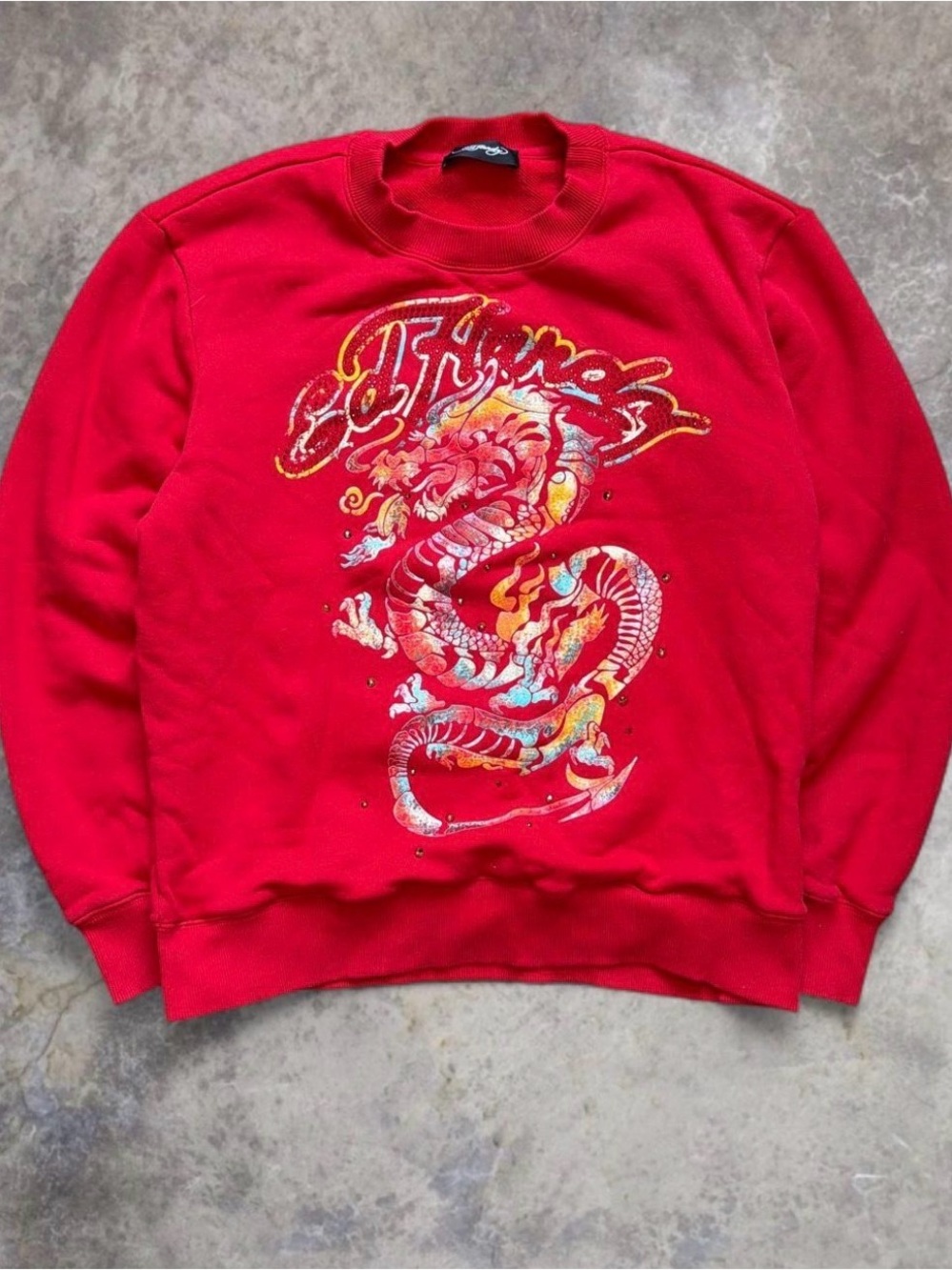Y2K Ed Hardy Red Crewneck Sweater with Multicolor Dragon Graphic